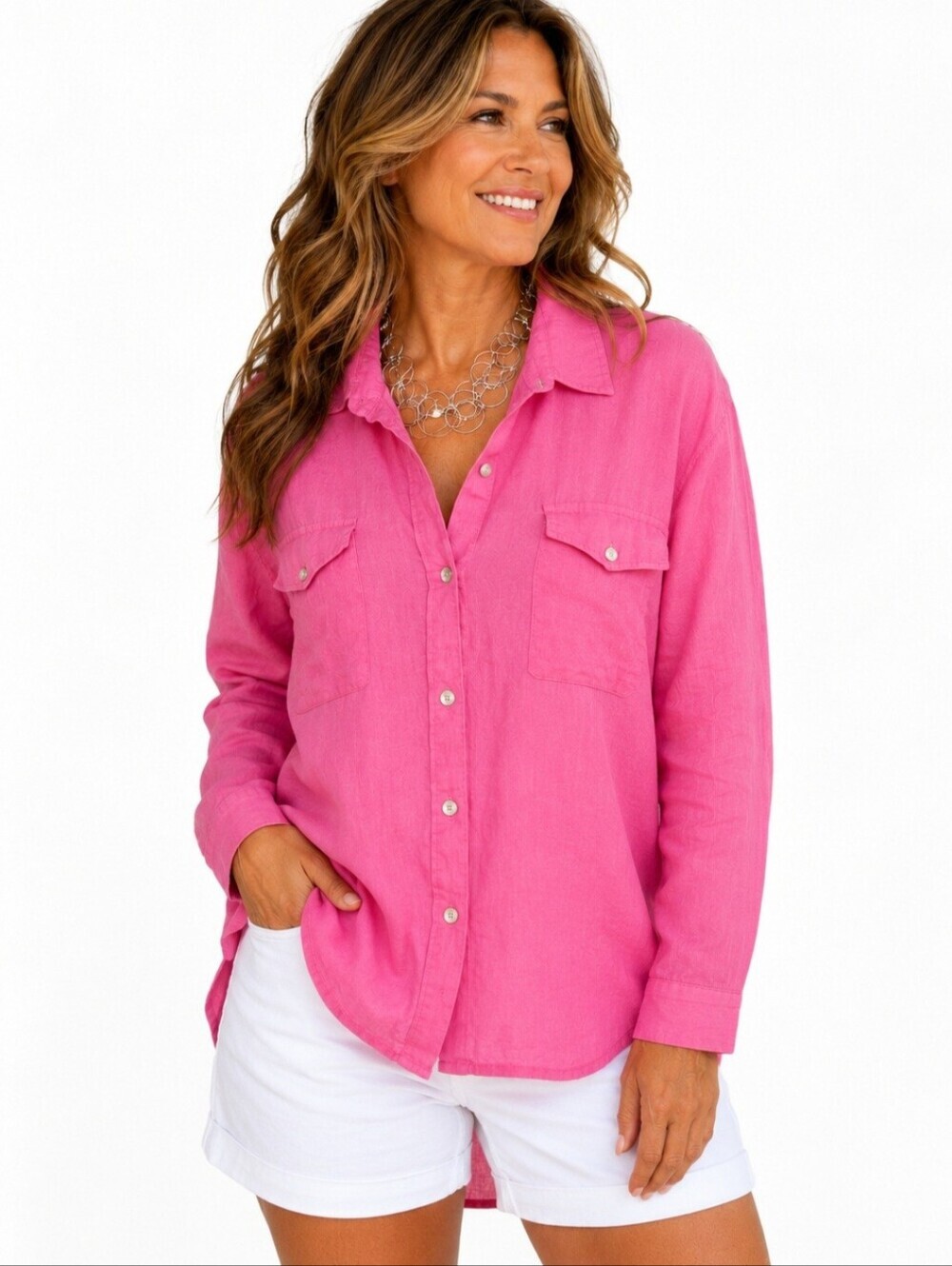 Chico’s Size Med Pink 100% Linen Button Front Shirt Tunic Long Sleeve Coastal - Picture 1 of 12